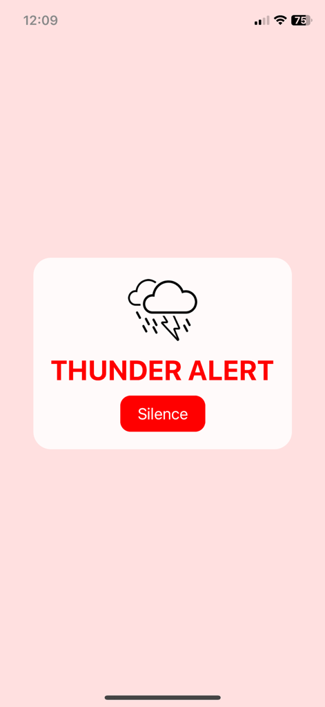 Stormeter - Stormeter app mobile interface displaying a red Thunder Alert notification with a lightning icon and silence button.