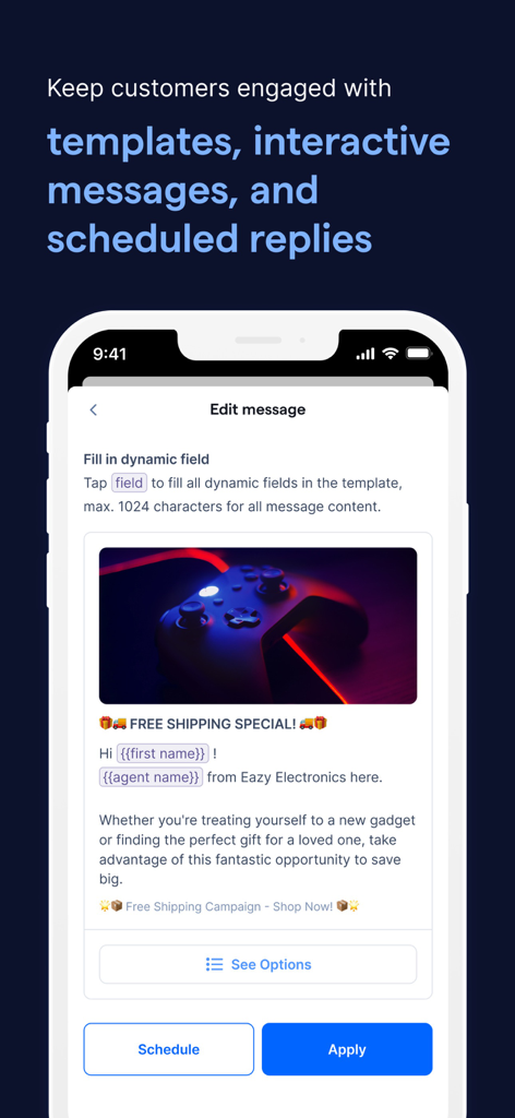 Interface for creating interactive message templates and scheduling replies in the SleekFlow app.