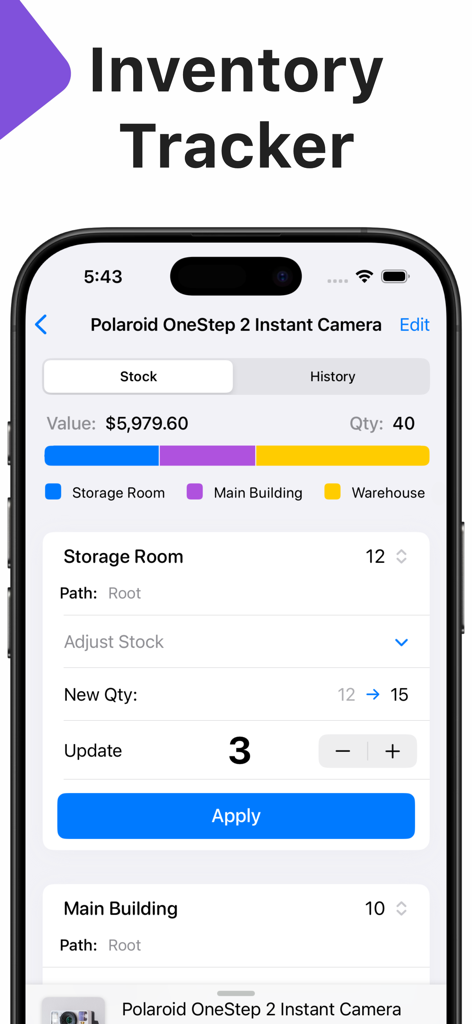 Interface de l'application Boxflow affichant les niveaux d'inventaire sur plusieurs emplacements et un outil de mise à jour des quantités