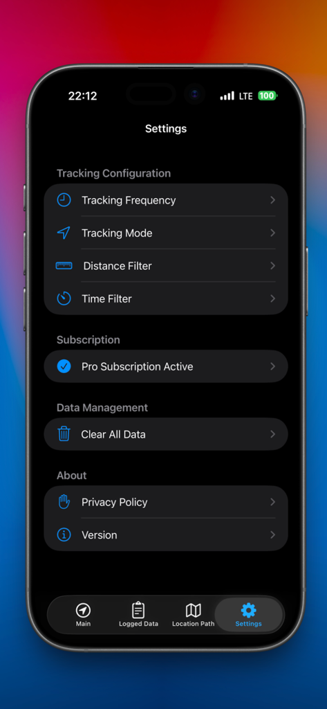 Net-Logger - Settings screen of the Net-Logger app for adjusting tracking frequency and mode.