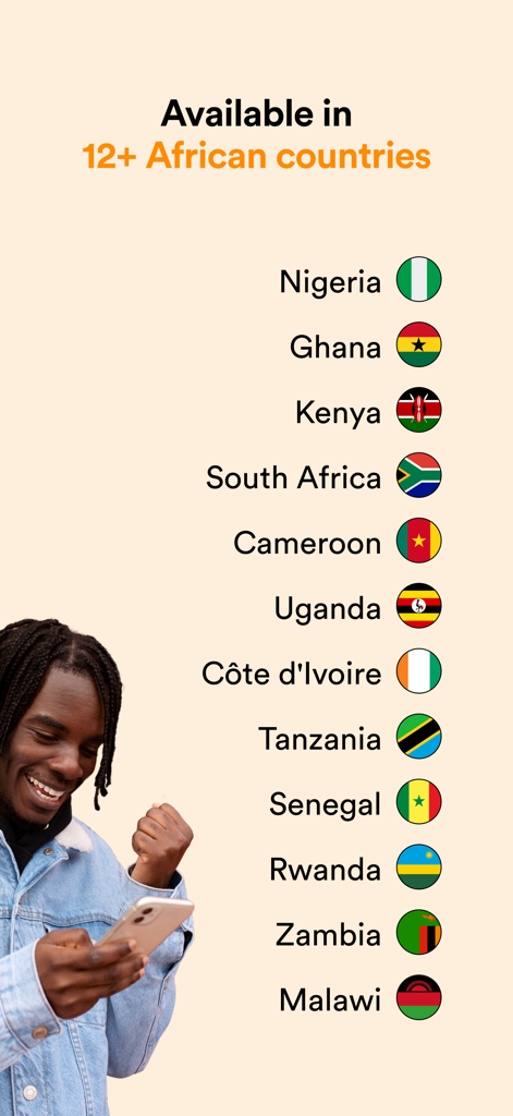 Accrue: Send. Spend. Sell. - Una lista de más de 12 países africanos donde está disponible la aplicación Accrue, con banderas nacionales y un joven sonriendo mientras usa su teléfono.