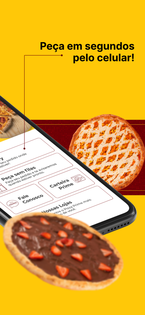 App Pizza Prime en la pantalla de un smartphone mostrando opciones de pedido y pizzas saladas y dulces.