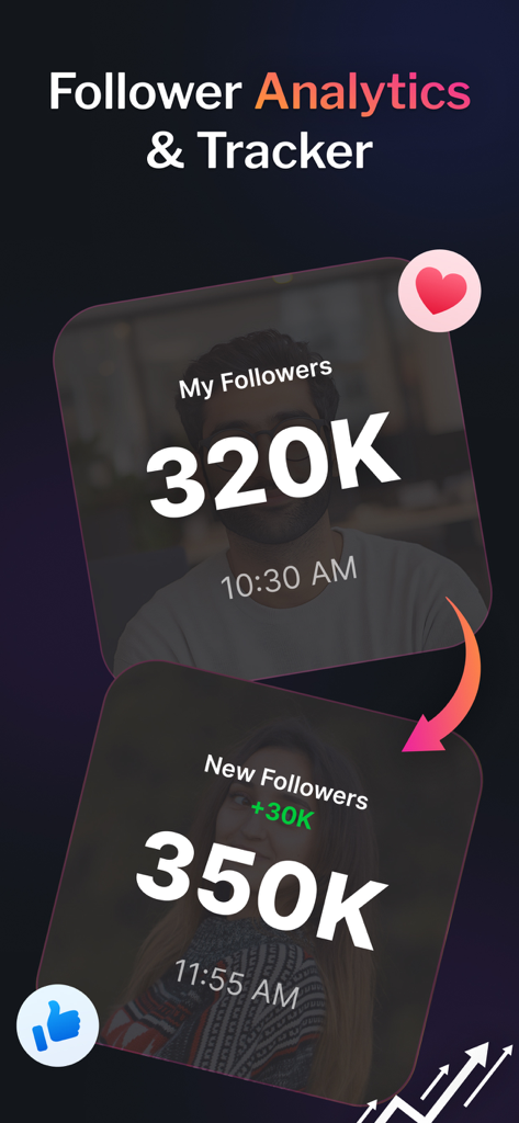 Unfollow Tracker for Instagram - Interfaz de aplicación móvil que muestra el crecimiento de seguidores de Instagram de 320K a 350K con un rastreador de tendencias