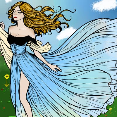 realistic woman in dress flowing the the wind