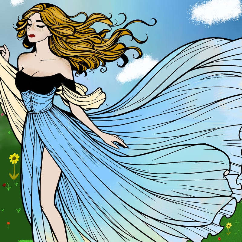realistic woman in dress flowing the the wind