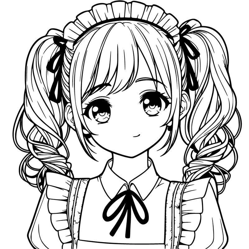 realistic girl in a maid outfit with two short pigtails in the front and two long pigtails in the back