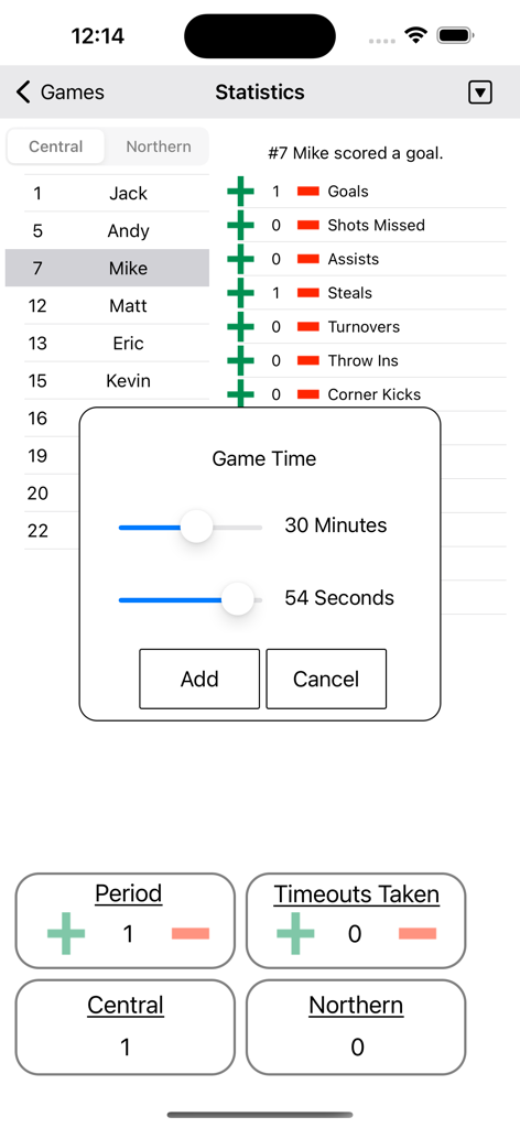 Interface of the Soccer Statistic app showing a popup for recording the exact game time of a player's action