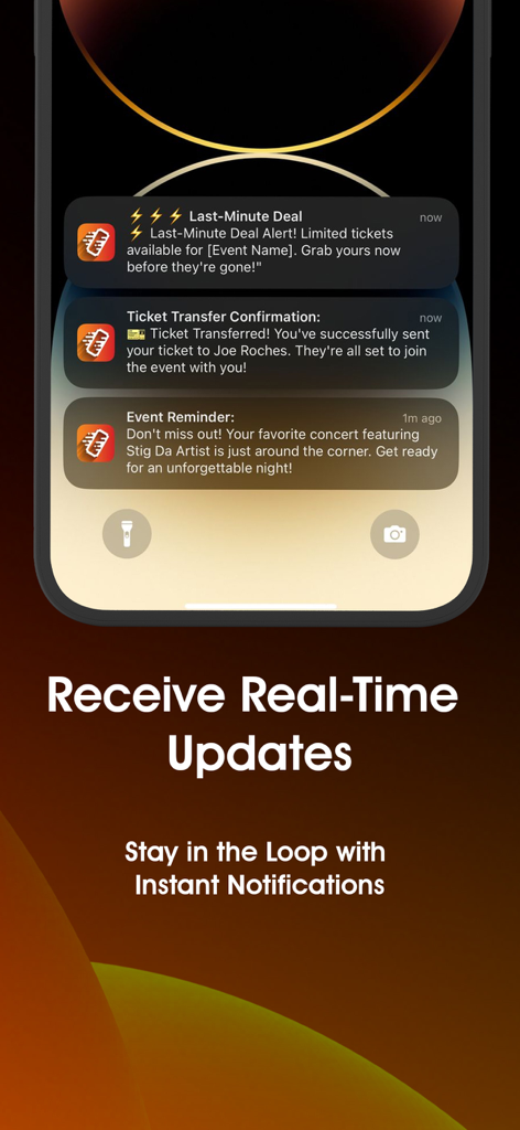 KwiqPassモバイルアプリに、イベントのお得な情報やチケットのリマインダーに関するリアルタイム通知が表示されています