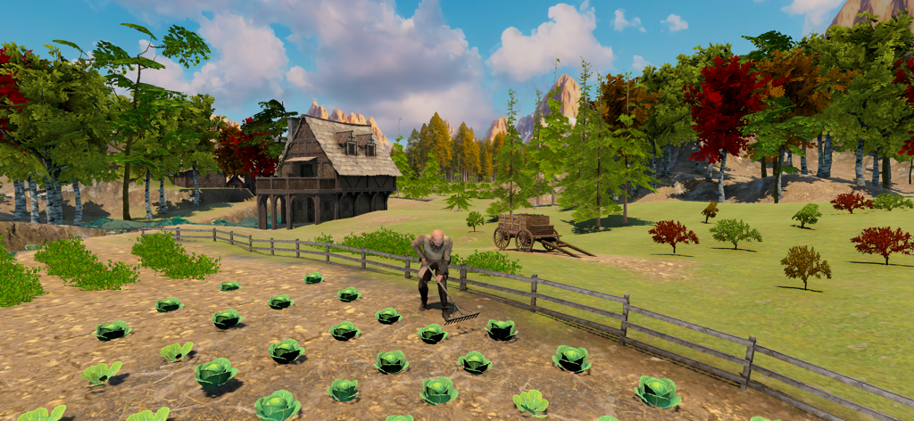 Medieval Lords - Mittelalterlicher Charakter, der Kohl neben einem Dorfanwesen anbaut