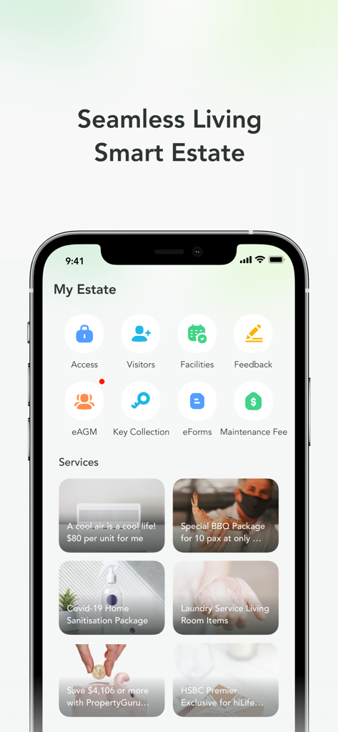 hiLife - hiLife 스마트 빌리지 앱 인터페이스로 부동산 관리 서비스가 표시됩니다.