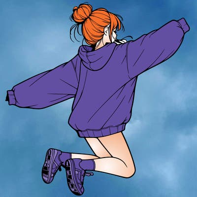 realistic girl jumping with a bun and oversized sweatshirt