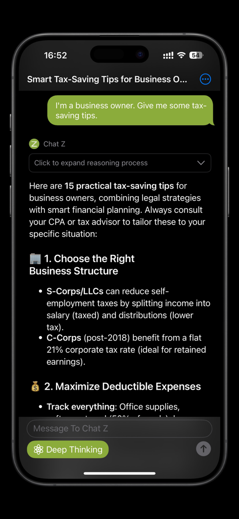 Chat Z - Ultra Chat Assistant - Interfaccia dell'app Chat Z che mostra consigli AI generati per il risparmio fiscale per un imprenditore