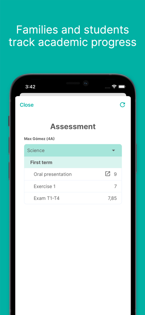 Edvoice - School communication - Pantalla de evaluación de Edvoice que muestra las calificaciones de un estudiante para una clase de ciencias