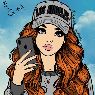 realistic beautiful girl wearing los ángeles cap holding an iphone
