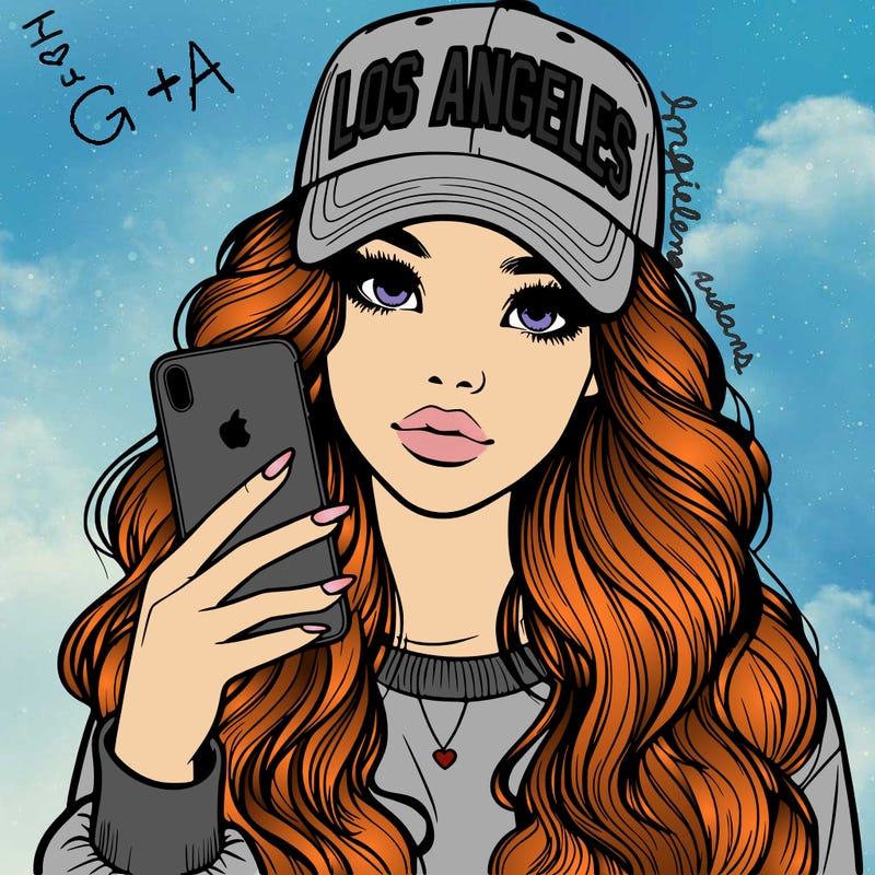 realistic beautiful girl wearing los ángeles cap holding an iphone