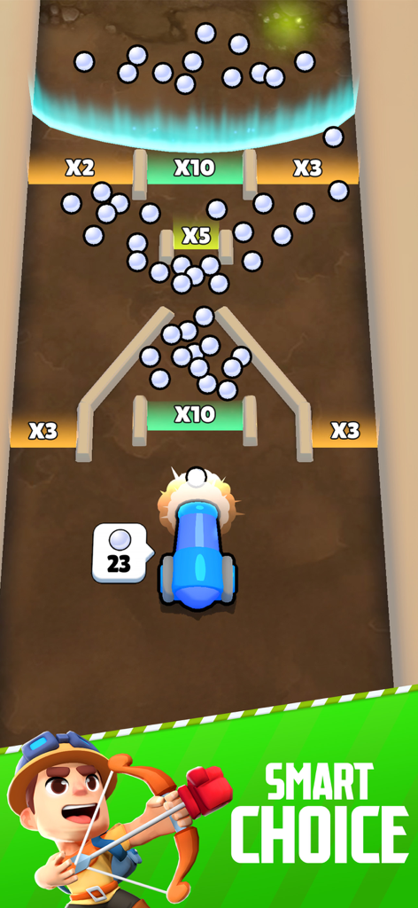 Cannon Heroes X - Cannon Heroes X gameplay showing a cannon shooting balls through multiplier gates and a hero character.