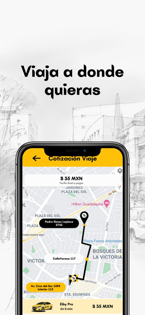 Eiby Taxi app interface showing a map route and trip fare calculation in Mexico