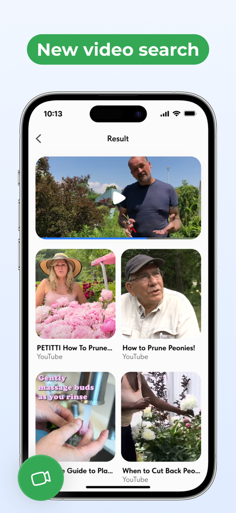 iPhone screenshot of Lens Scan app showing video search results for pruning peonies