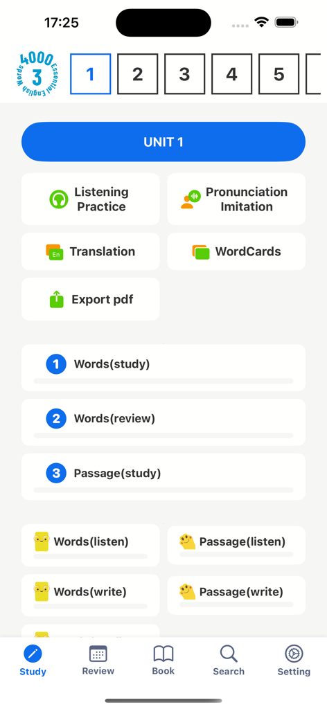 4000 Essential English Words ⑶ - Panel de la Unidad 1 de la aplicación de aprendizaje 4000 Palabras Esenciales en Inglés 3, mostrando opciones de estudio y práctica.