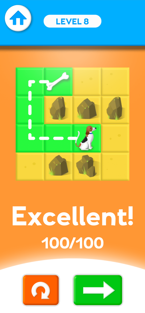 Brain training memory game screen showing a perfect score on level 8
