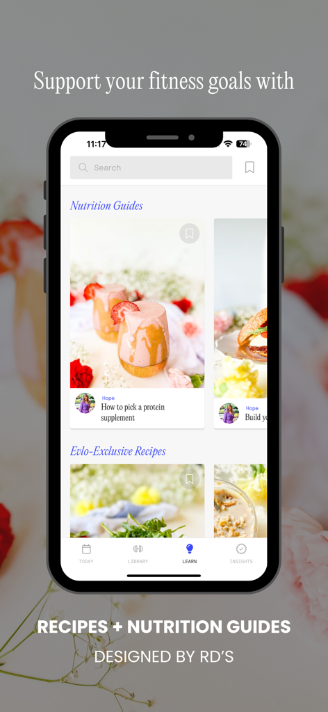 Evlo Fitness - Evlo Fitness app screen featuring nutrition guides and healthy recipes designed by registered dietitians