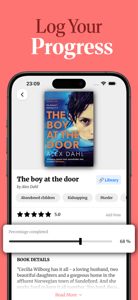 Book Tracker & Log - ReadList - The ReadList mobile app interface displaying the book details for The boy at the door with a reading progress slider set to 68 percent.