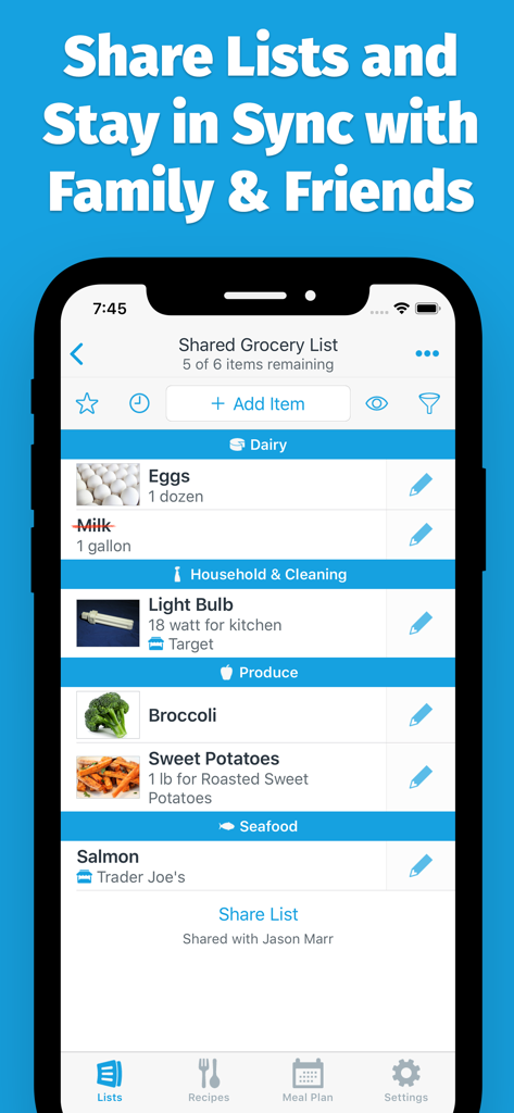 AnyList: Grocery Shopping List - AnyListアプリの共有買い物リスト。リアルタイム同期機能を備え、店舗カテゴリ別に整理されたアイテムが表示されています。