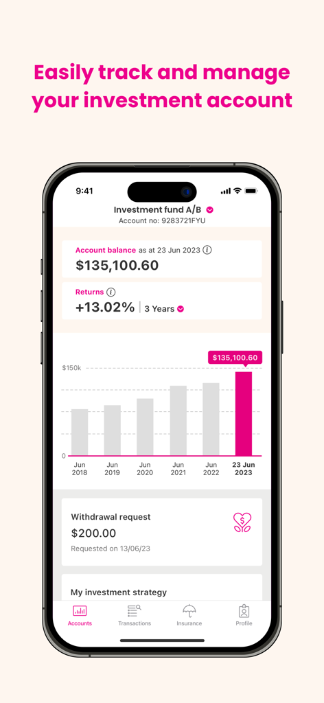 Mobile dashboard of the Aware Super app showing an investment account balance and performance growth chart.