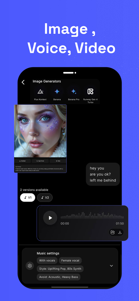 Timeless: All-in-one AI - Timelessアプリのインターフェースに、プロフェッショナルなクリエイティブ表示とともにAI画像生成およびボイスツールが表示されている様子。