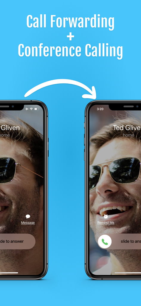 Fongo World Edition - 2台の携帯電話で通話転送および会議通話機能を示すFongoアプリのインターフェイス。