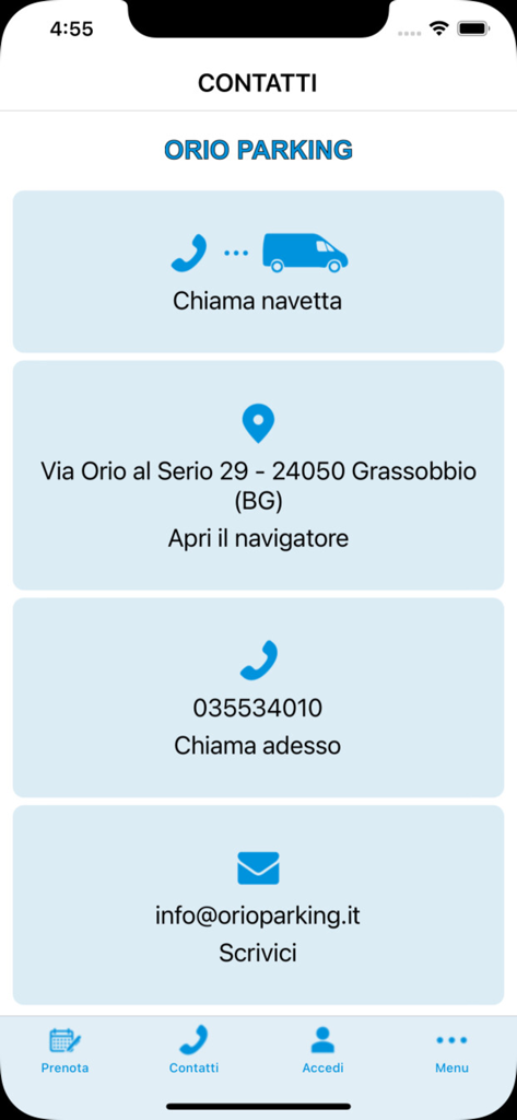 La schermata delle informazioni di contatto dell'app Orio Parking che visualizza le opzioni di chiamata navetta e di localizzazione