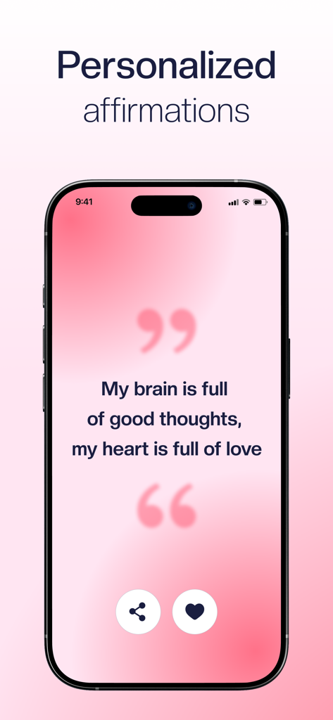 Daily Affirmations—Positive Me - Una pantalla de smartphone que muestra una afirmación positiva sobre buenos pensamientos y amor en un fondo rosa suave.