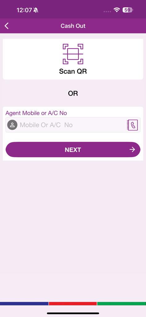 DBBL Rocket app cash out screen with options to scan QR code or enter agent account number