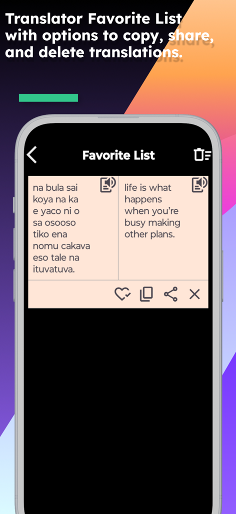 English Fijian Translator - Screenshot of the Favorite List feature in the English Fijian Translator app displaying a saved translation of a famous quote.