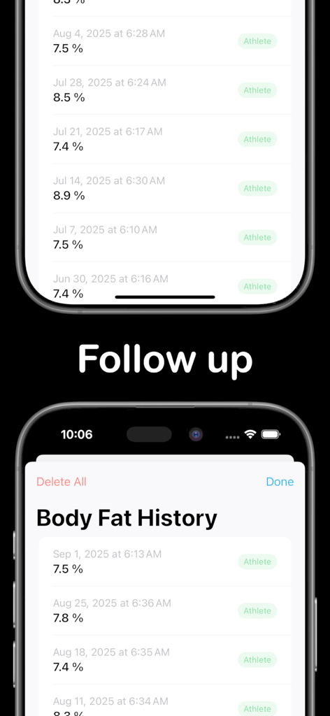 Body Stats: Body Tracking - Body fat percentage history list showing progress over time in the Body Stats app