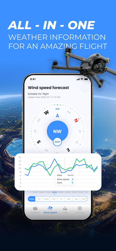 DroneCast: Fly UAV Forecast - Smartphone display of DroneCast app featuring wind speed forecast and direction for UAV flights.