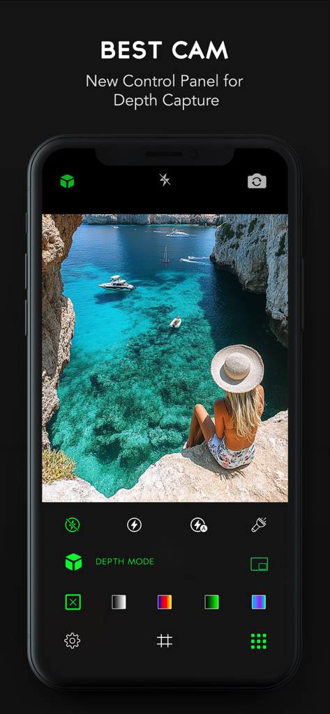 Depth Cam - Depth Editor - Depth Cam app interface showing depth capture controls and a scenic photo