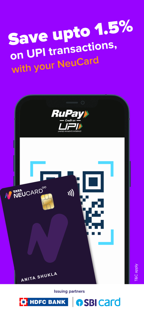 Tata Neu:Shop, Travel, Finance - RuPay統合を使用してTata NeuCardを使用したUPIトランザクションでの割引を示すマーケティンググラフィック。