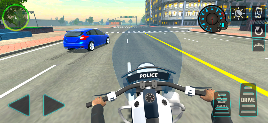 Police Duty Cop Simulator Game - First person view of a police motorcycle chasing a blue car in a city environment