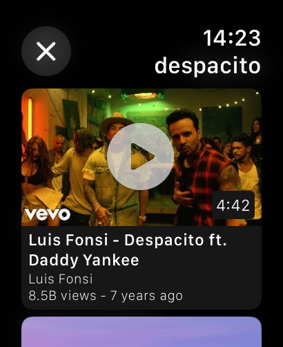 WristTube plus app displaying a YouTube video thumbnail for a music video on an Apple Watch screen
