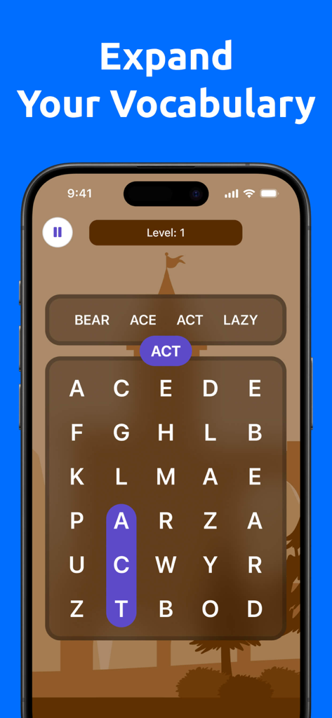 Brain Games: Memory Training - A word search puzzle in the Brain Games app featuring a grid of letters and words to find like BEAR, ACE, and ACT.
