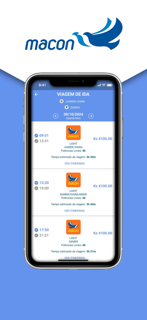Macon Transportes - アンゴラでのMacon Transportesアプリのバススケジュールとチケット価格を表示するスマートフォンの画面。