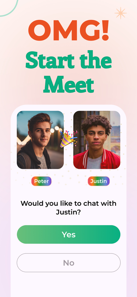 A screenshot of the OMG Video Chat app showing a prompt to start a meeting with another user