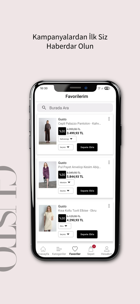 Gusto - Gusto mobile app favorites page showing discounted womens clothing like palazzo pants and dresses
