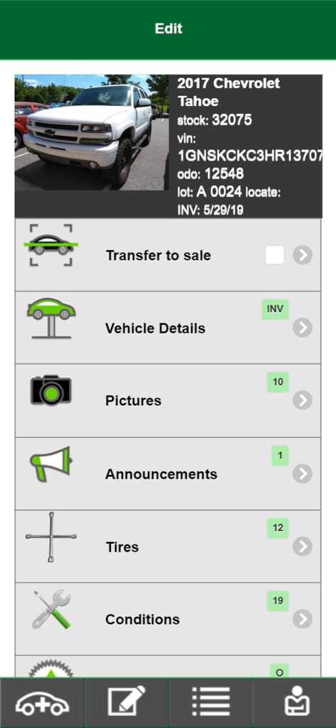EDGE Mobile ASI app interface showing vehicle details and inventory management options for auto auctions
