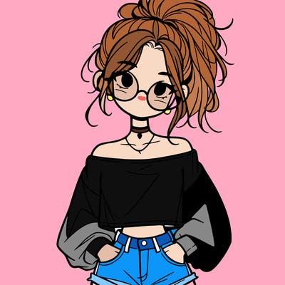 girl with a messy ponytail glasses a baggy crop top and jean shorts