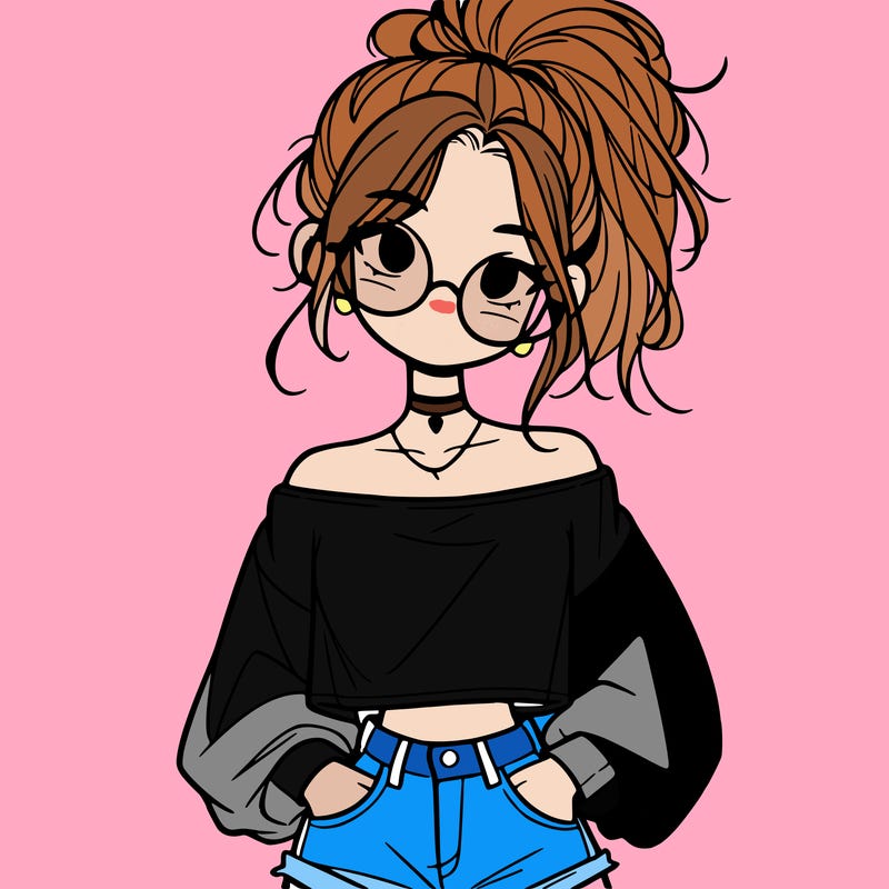 girl with a messy ponytail glasses a baggy crop top and jean shorts