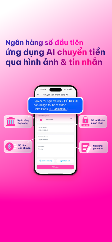 CAKE - Digital Bankin‪g - Tela do aplicativo CAKE Digital Banking mostrando o recurso de transferência de dinheiro por IA via mensagem de texto