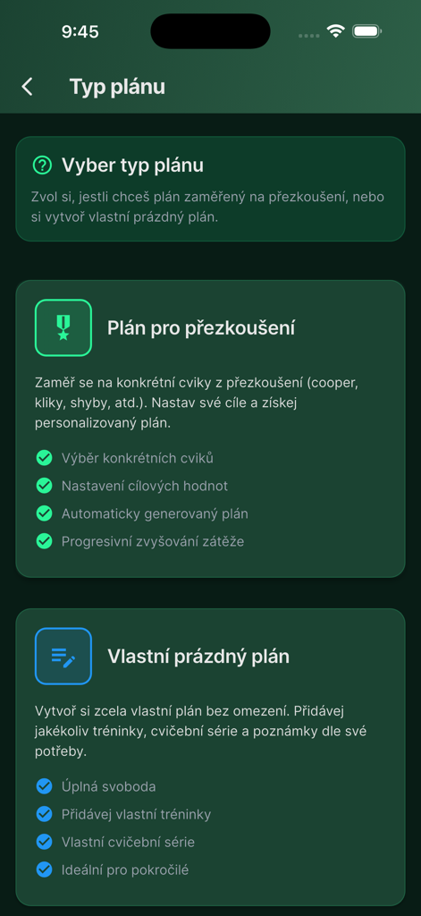 The training plan selection screen of the AZ Buddy app offering options for standardized military testing or custom fitness routines.
