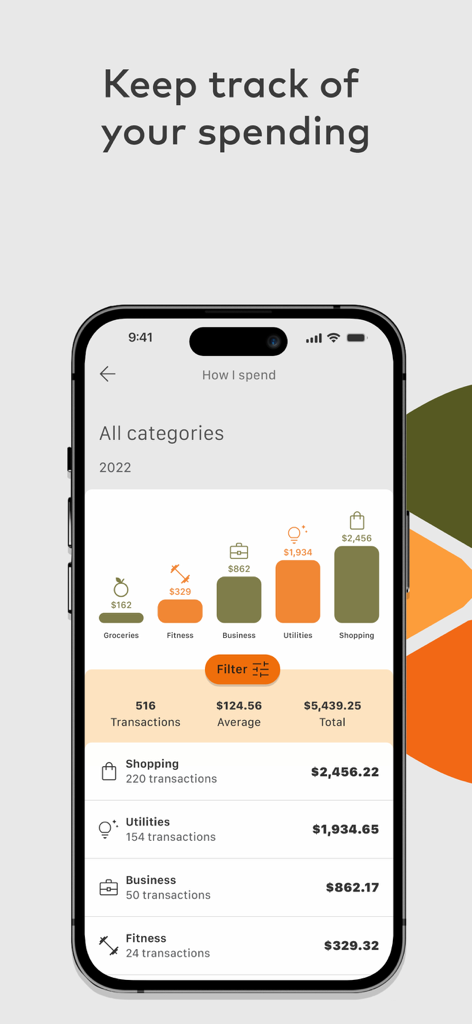 Bank Orange - Schermata dell'app mobile Bank Orange che mostra una panoramica delle spese categorizzate con grafici e riepiloghi delle transazioni.